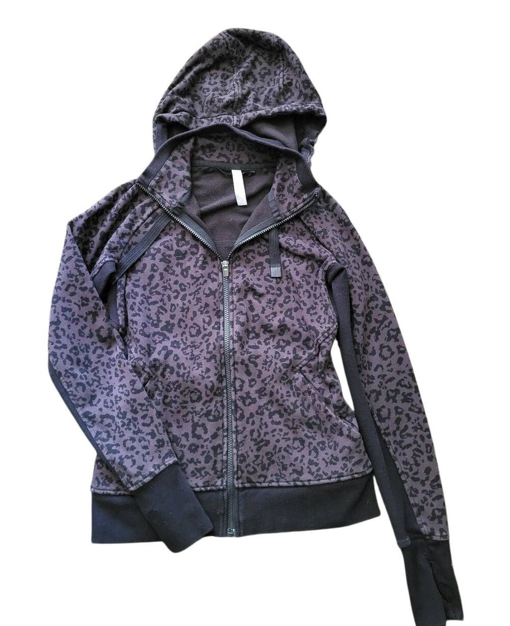 Athleta Jacket Women's XS Grey Leopard Print Triumph Fleece Hooded Sweatshirt